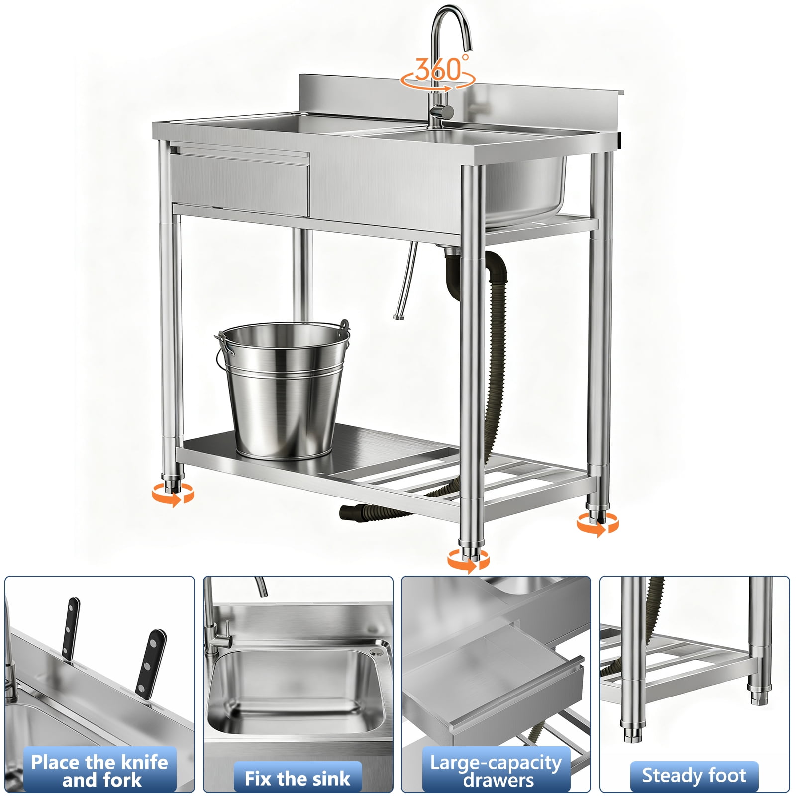 LiviNest Outdoor Utility Sink Station: 3-in-1 Wash Prep Store Center - 39" Stainless Steel Sink with Workbench & Drawer - 55lb Countertop & 360° Faucet for Backyard BBQ & Garden