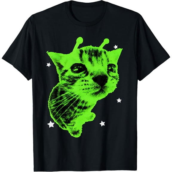 Men’s Y2K Alien Cat Graphic T‑Shirt, Retro Funny Space Kitty Meme Short‑Sleeve Tee, Silly Vintage Space Casual Top,Men Tshirts