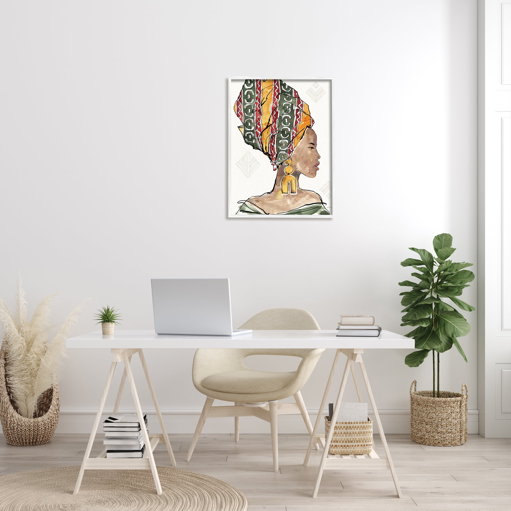 Stupell Industries African Woman Patterned Head Wrap Strong Portrait World Cultures Painting White Framed Art Print Wall Art, 24 x 30