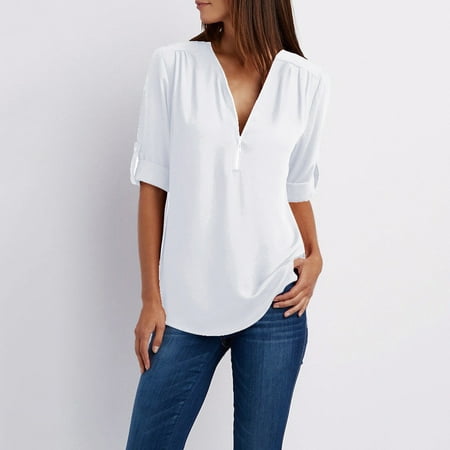 Abcnature Women Zipper Button Tops Long Sleeves Loose Chiffon Shirt Blouse T-shirt White XXL