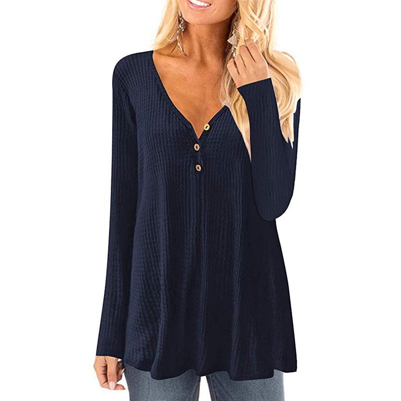 Vista Womens Waffle Knit Long Sleeve Henley Shirts Tunic Loose Fit