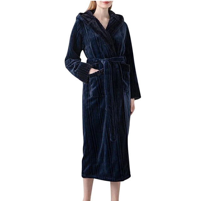 Besolor Womens Fleece Hooded Robe Thickened Soft Long Plush Bathrobe with Pockets Winter Warm Fuzzy Spa Robes Nightgown