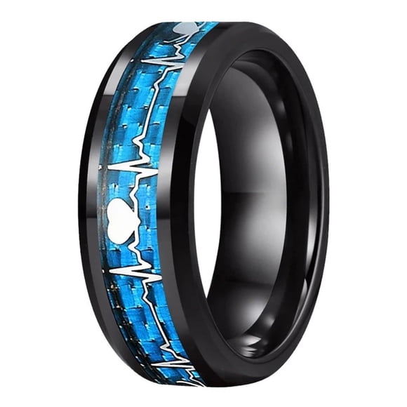 Trendy 8mm Round Metal Wedding Bands with Tension Setting - Bright Blue Carbon Fiber Electroplated Rings featuring Silver "Electrocardiogram" Lines and Love Patterns for Couples, Unique Heartbeat