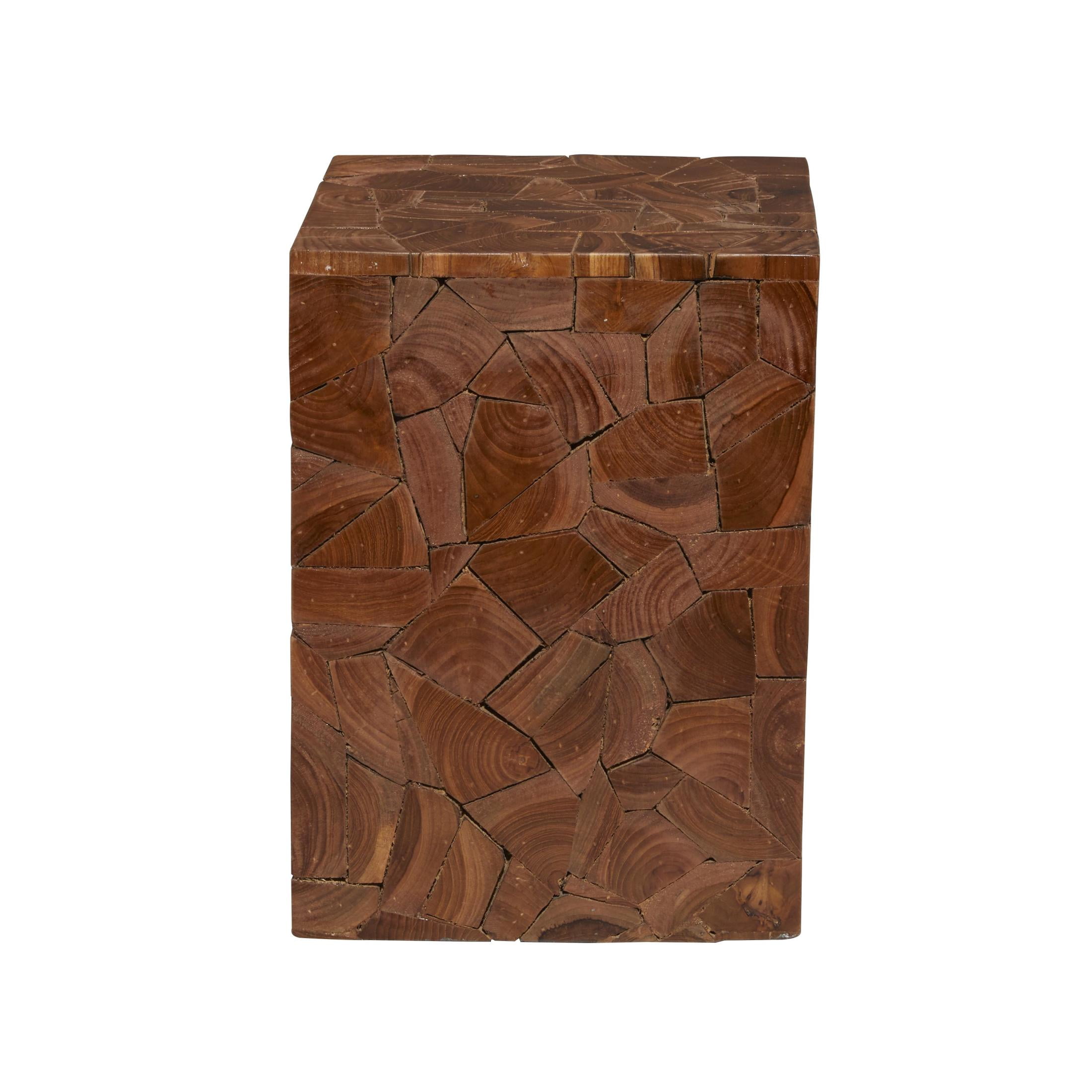 DecMode 12" x 16" Brown Teak Wood Handmade Square Block Accent Table with Mosaic Wood Chip Design, 1-Piece