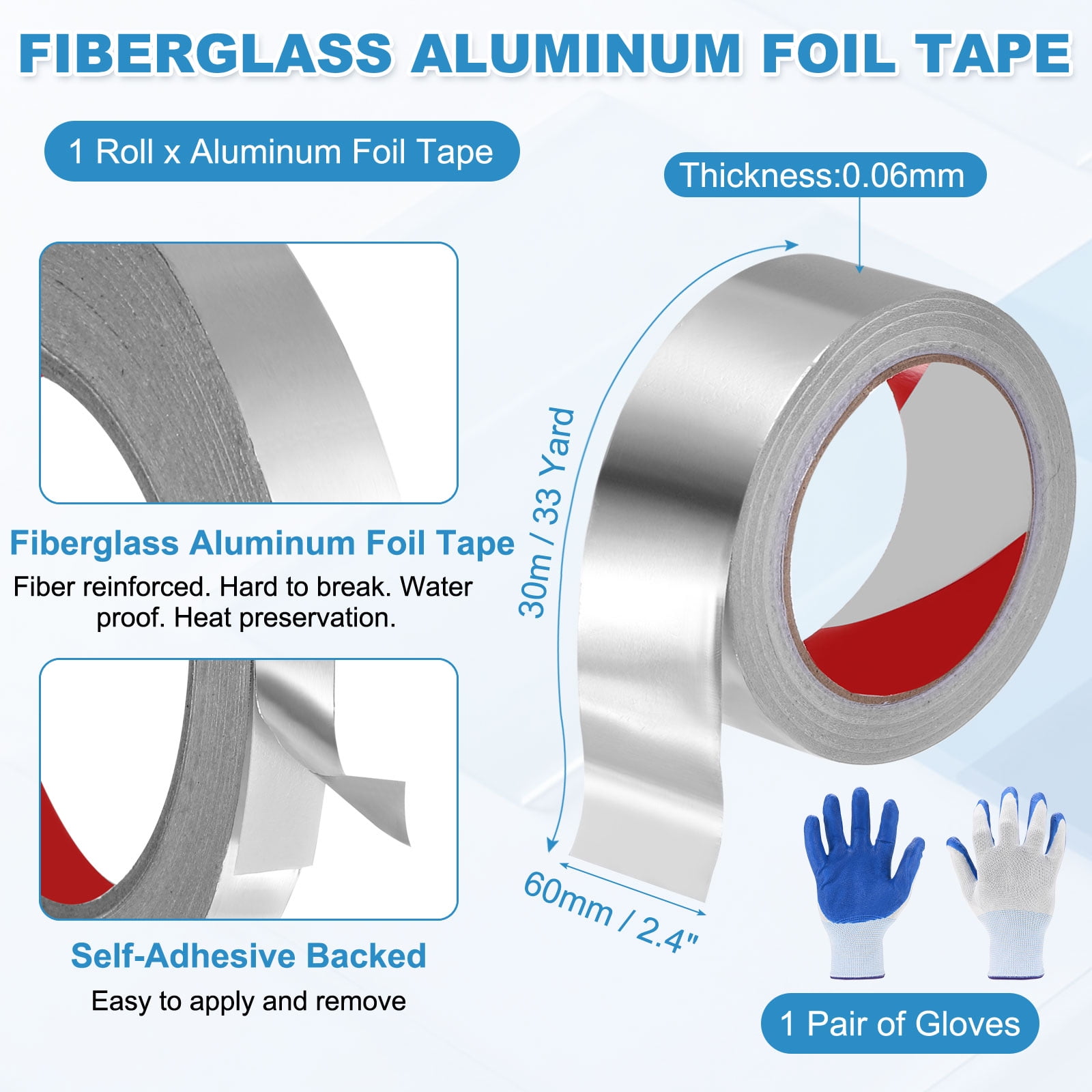 Uxcell 1 Pack Aluminum Foil Tape, 33 Ftx2.4inx2.4mil Heavy Duty HVAC Tape Metal Duct Tapes Heat Resistant Tape Insulation Tapes with Gloves for Air Ductwork, Dryer Vent, HVAC Sealing