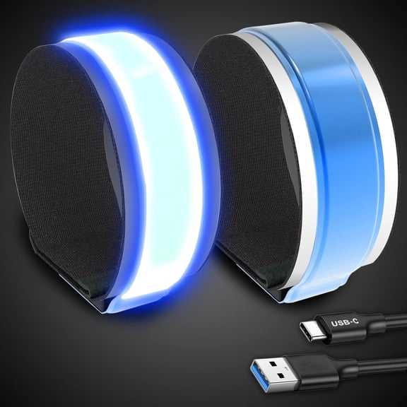 2 Pack USB-C Rechargeable Safety Lights for Runners, 360° Reflective LED Bracelets Armbands Reflectors for Walking at Night Blue(2 Pack)
