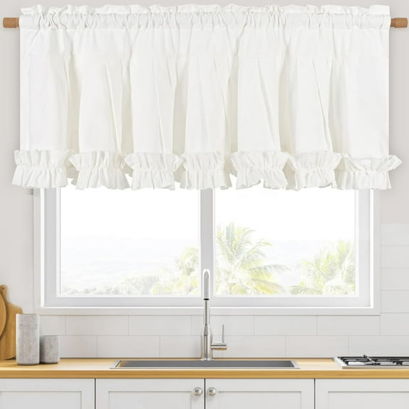 Alishomtll White Ruffle Valance Curtains Rod Pocket Window Drapes Light Filtering 52"W×18"L