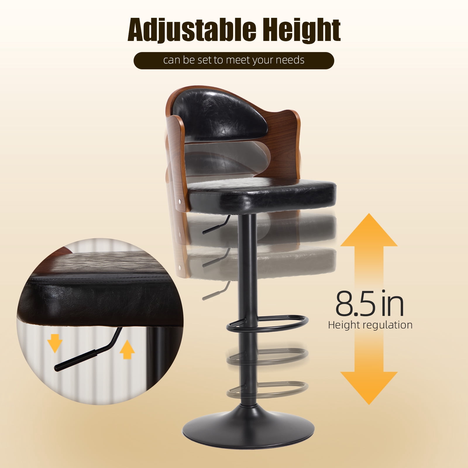 Homefun Swivel Bar Stools Set of 2,Wooden Upholstered Scratch-Resistant Fabric with Back,Chairs for Kitchen Island,Black