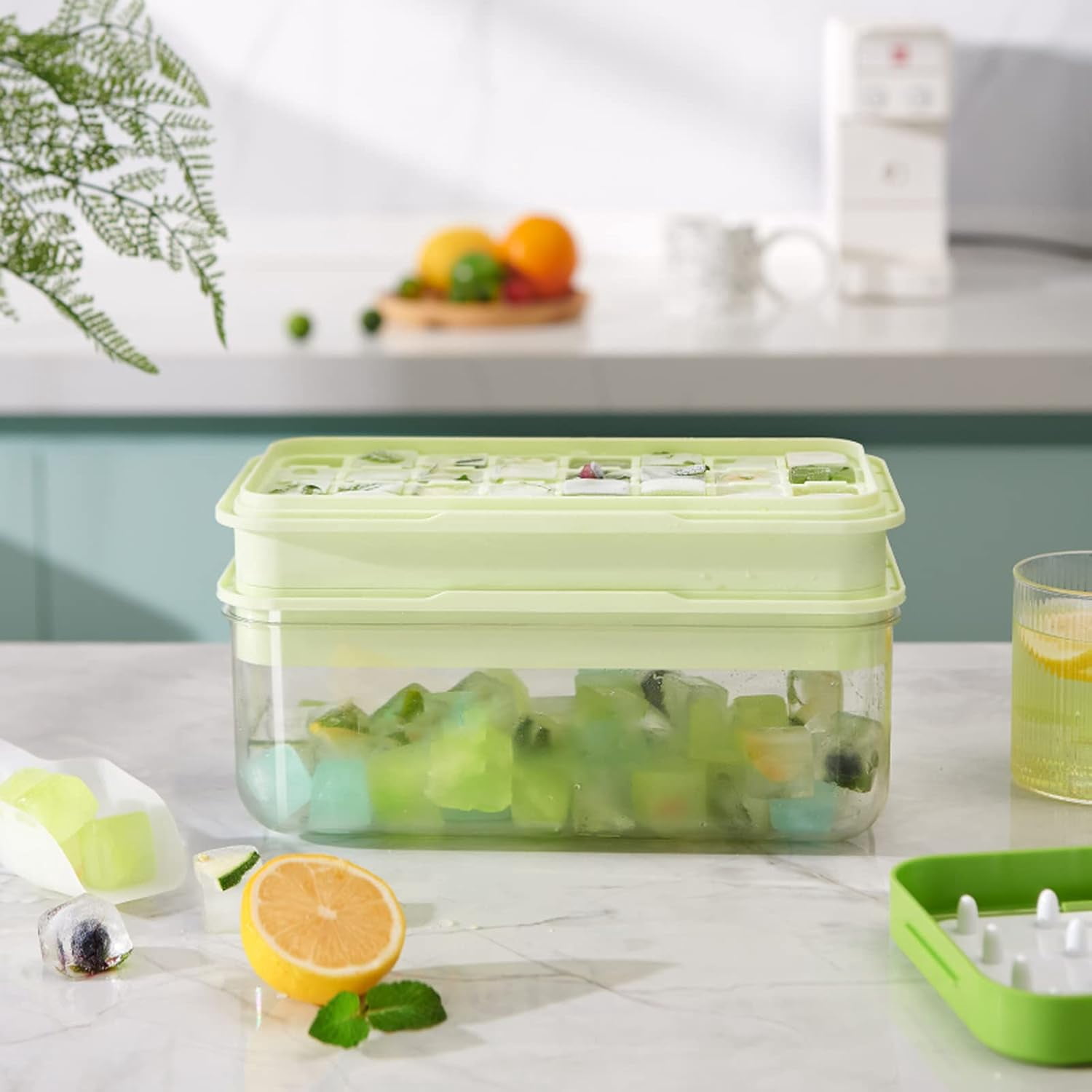 Ice Cube Tray with Lid and Bin, 64 pcs Ice Tray Kit with Ice Scoop, Ice Cube Pop Out Tray, Ice Cube Trays for Freezer, Ice Cube Molds, BPA Free, Easy Release Stackble Spill-Resistant (Green)