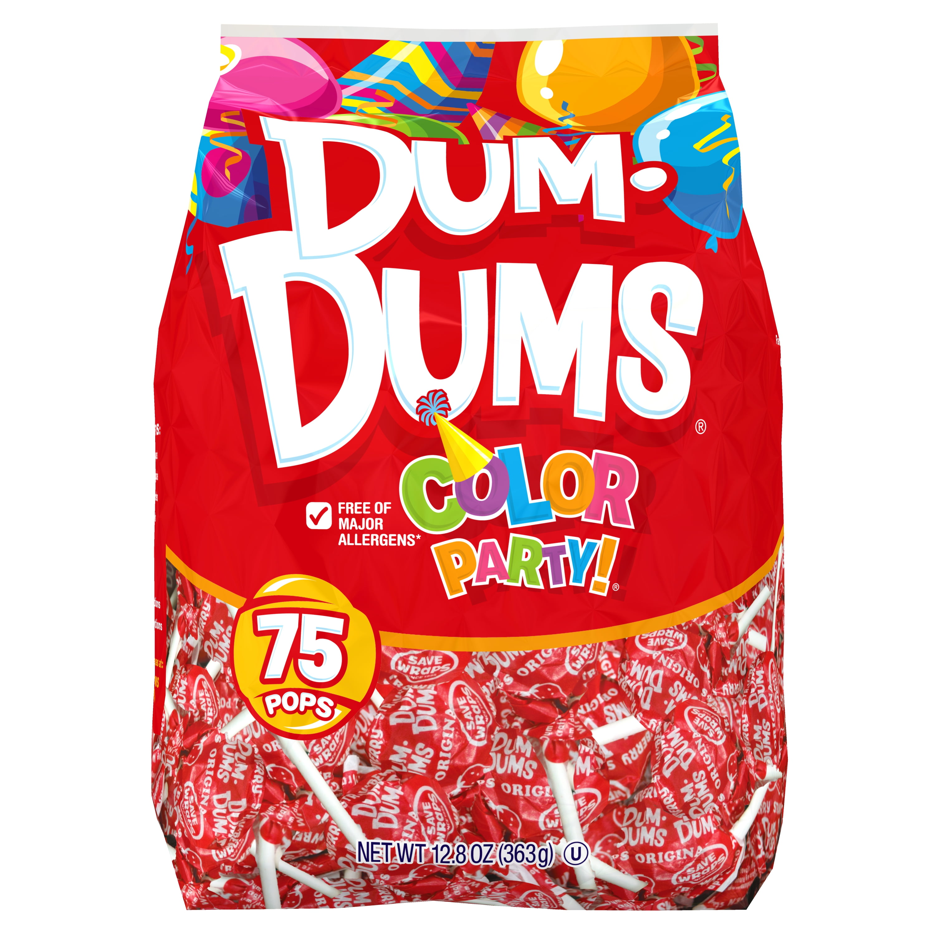 Dum Dums Color Party Lollipops, Red, Strawberry Flavor, 12.8 Oz, 75 Count