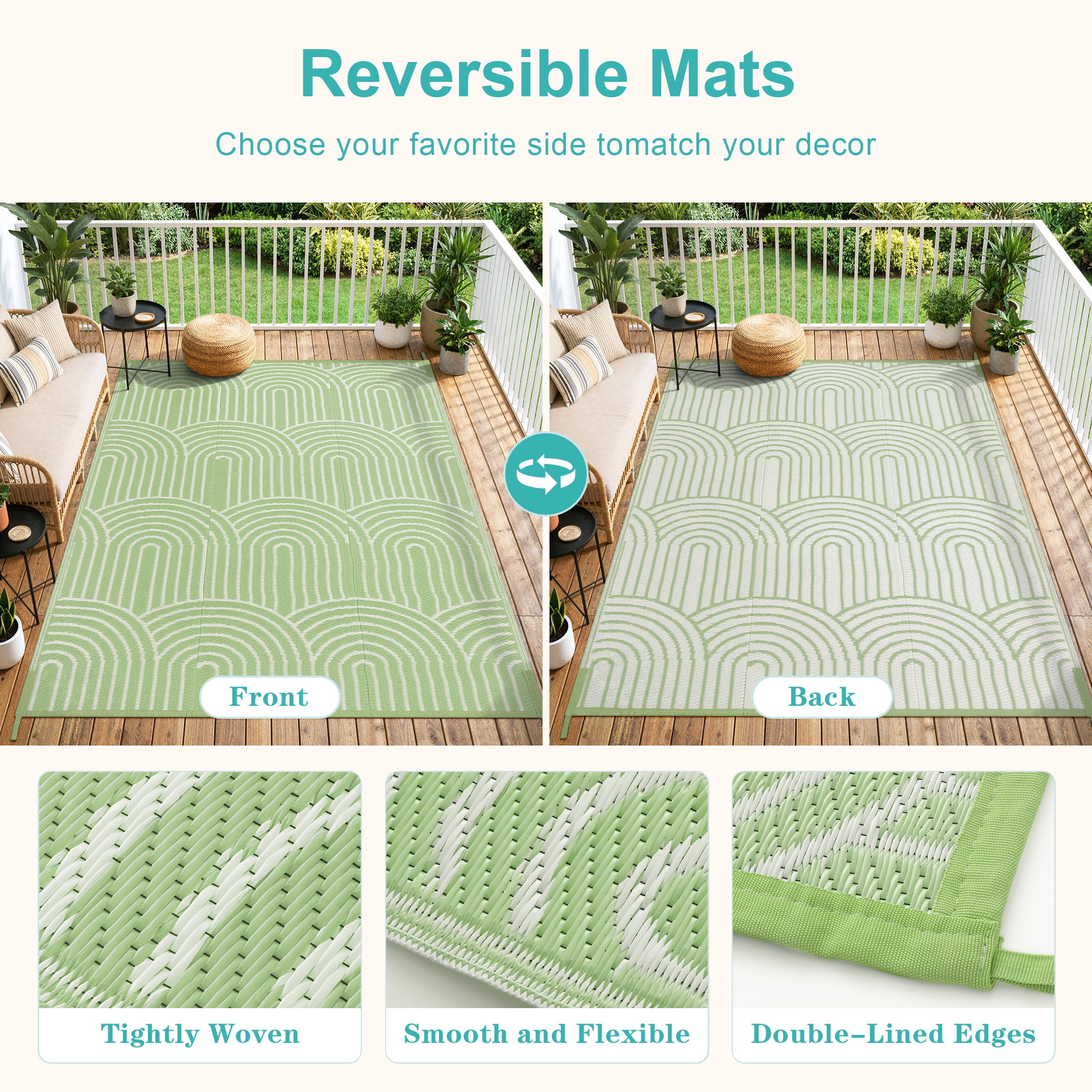 Wonnitar Outdoor Rug Waterproof 5'x8' Lightweight Plastic Straw Rug, Scandinavian Reversible Outside Carpet for RV Patio Deck Porch Balcony Picnic Camping Beach, Green-Rainbow