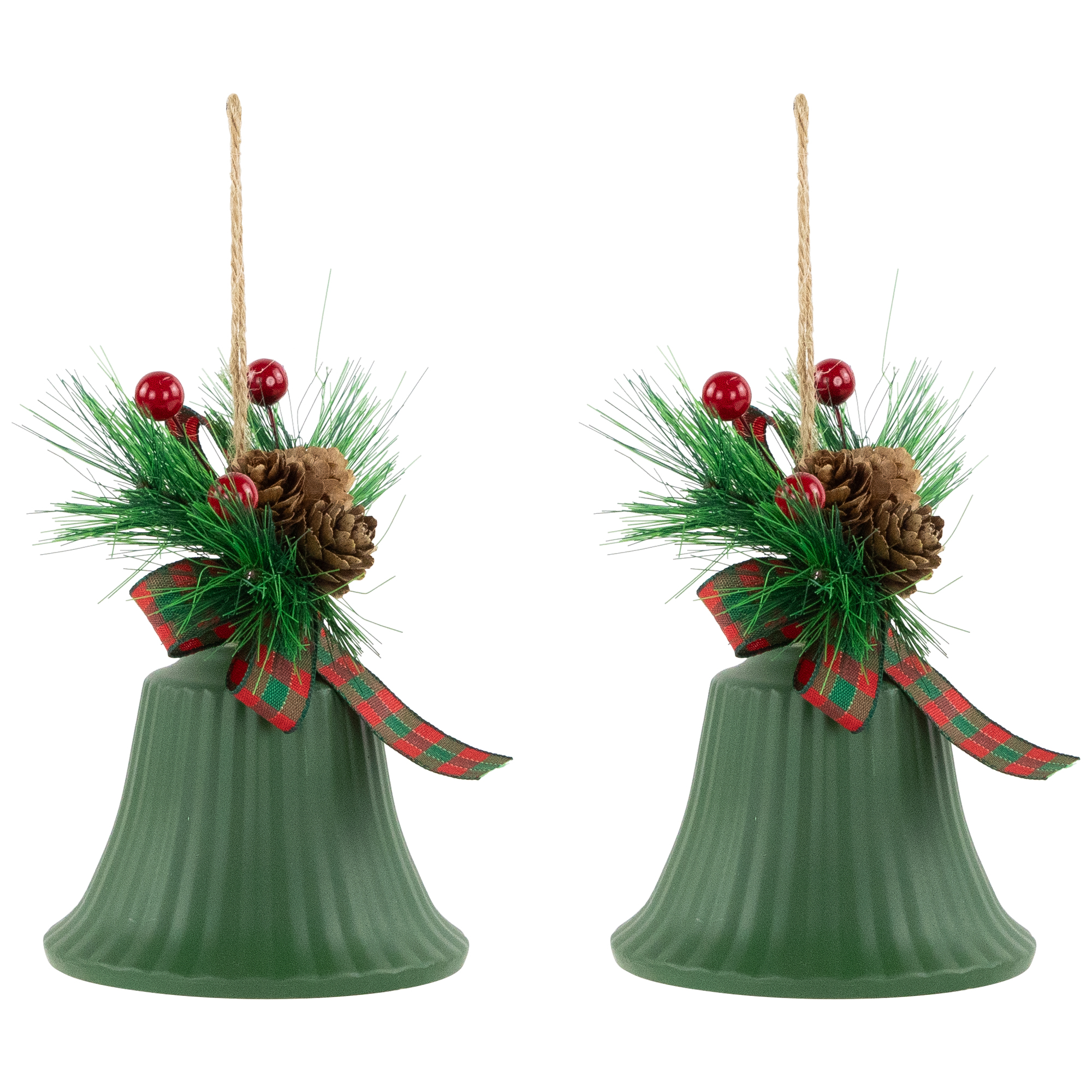 Northlight Christmas Bells with Pinecones and Plaid Bow Ornaments - 7" - Green - Set of 2