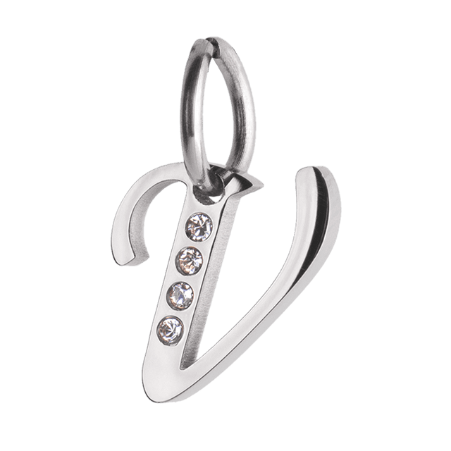 Charm para Pulsera LuckyLy, Dije Inicial Letra A, Acero Inoxidable y Zirconia Cúbica, Modelo Lizzy plateado Letra V