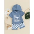 thumbnail image 3 of Suealasg 0-3 Years Toddler Boys Summer Shorts Set Short Sleeve Letter Print Hoodie Tops +Elastic Waist Checkerboard Shorts 2Pcs Newborn Baby Boys Beach Vacation Clothes, 3 of 9