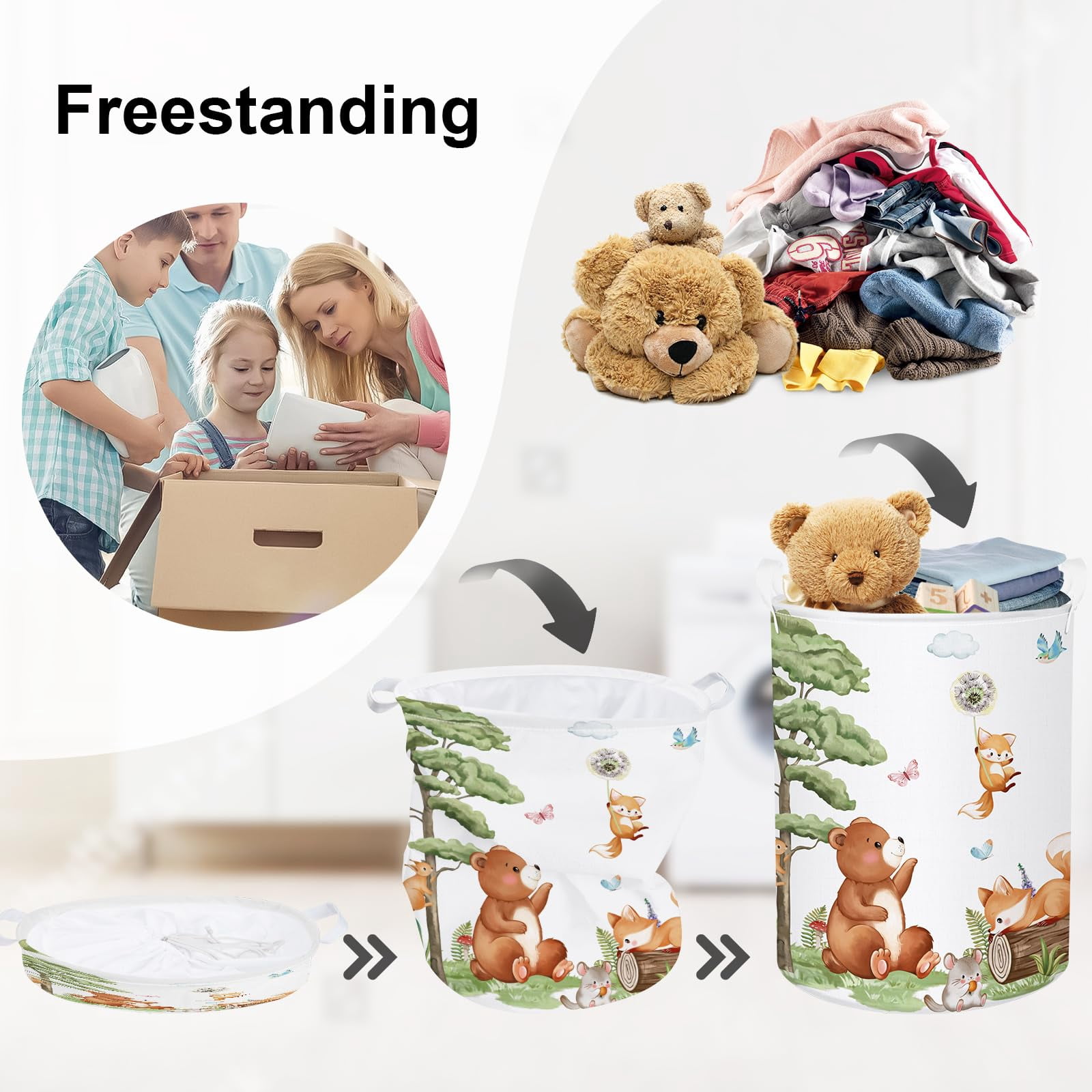 HUUMONSS Forest Animals Baby Laundry Hamper Collapsible Clothes Kids Storage Basket Bear Fox Large Boys Girls Gift Toy Box Bin for Nursery, Deer, 36L