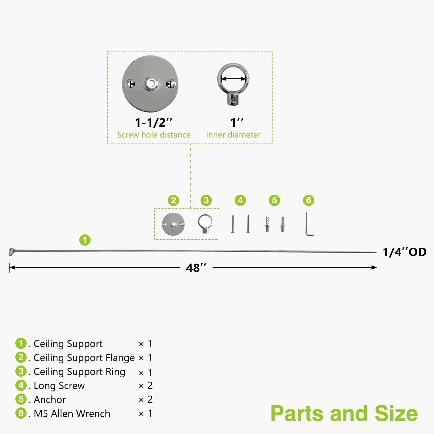 Naiture 48" Swivel Stainless Steel Shower Curtain Rod Ceiling Support with 1'' Loop, Chrome Finish