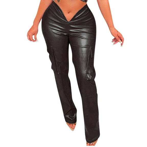 REALiKUN Women's Faux Leather Cargo Pants Sexy Low Waist Straight Wide Leg Pants Party Club Trousers