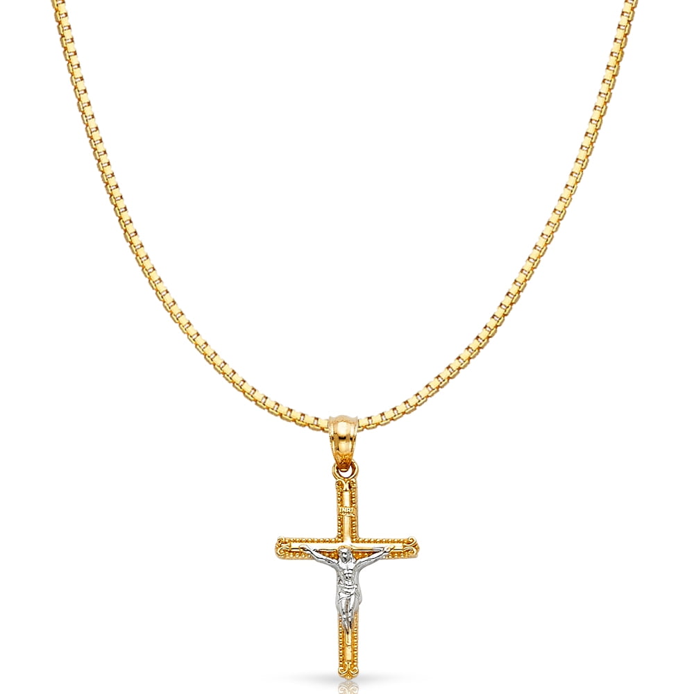 14K Two Tone Gold Jesus Crucifix Cross Religious Charm Pendant with 0.8mm Box Chain Necklace