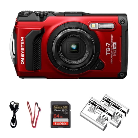 OM SYSTEM Tough TG-7 Digital Camera - Red | Waterproof 12MP Outdoor Adventure Camera w/ 4K Video, Travel Camera for Hiking, Snorkeling w/ Extra Rechargeable Li-ion Battery & 64GB Memory Card Bundle