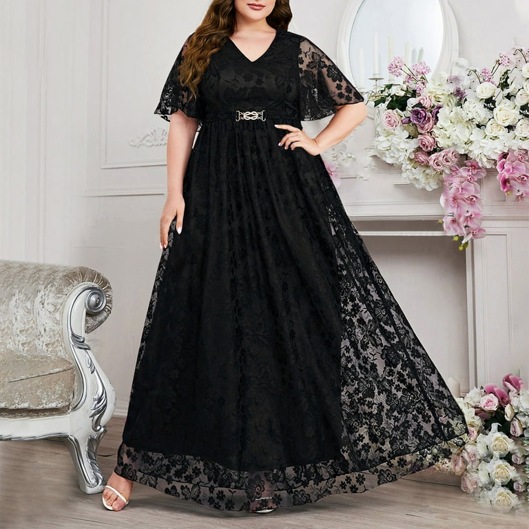 Moxiu Plus Size Lace Chiffon Wedding Guest Dresses Women Cocktail Party  Midi Dress Half Sleeve Mother of The Bride Dresses Formal Evening Gowns  Black,XL - Walmart.com