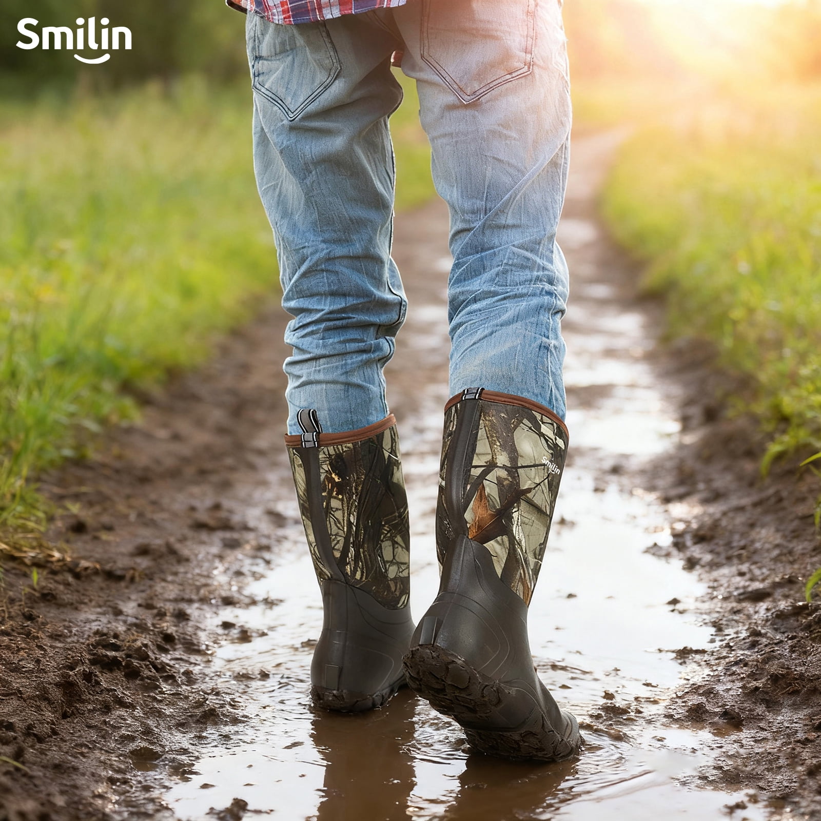 SMILIN Waterproof Rain Boots for Men, Mid Height Rubber Mud Boots for Outdoor Garden, Brown Camo, Size 9