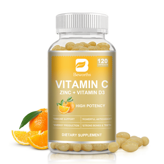 Vitamin C Zinc   Vitamin D3 Supplement, Plus Rosehips for Antioxidant & Immune Support, 120 Capsules
