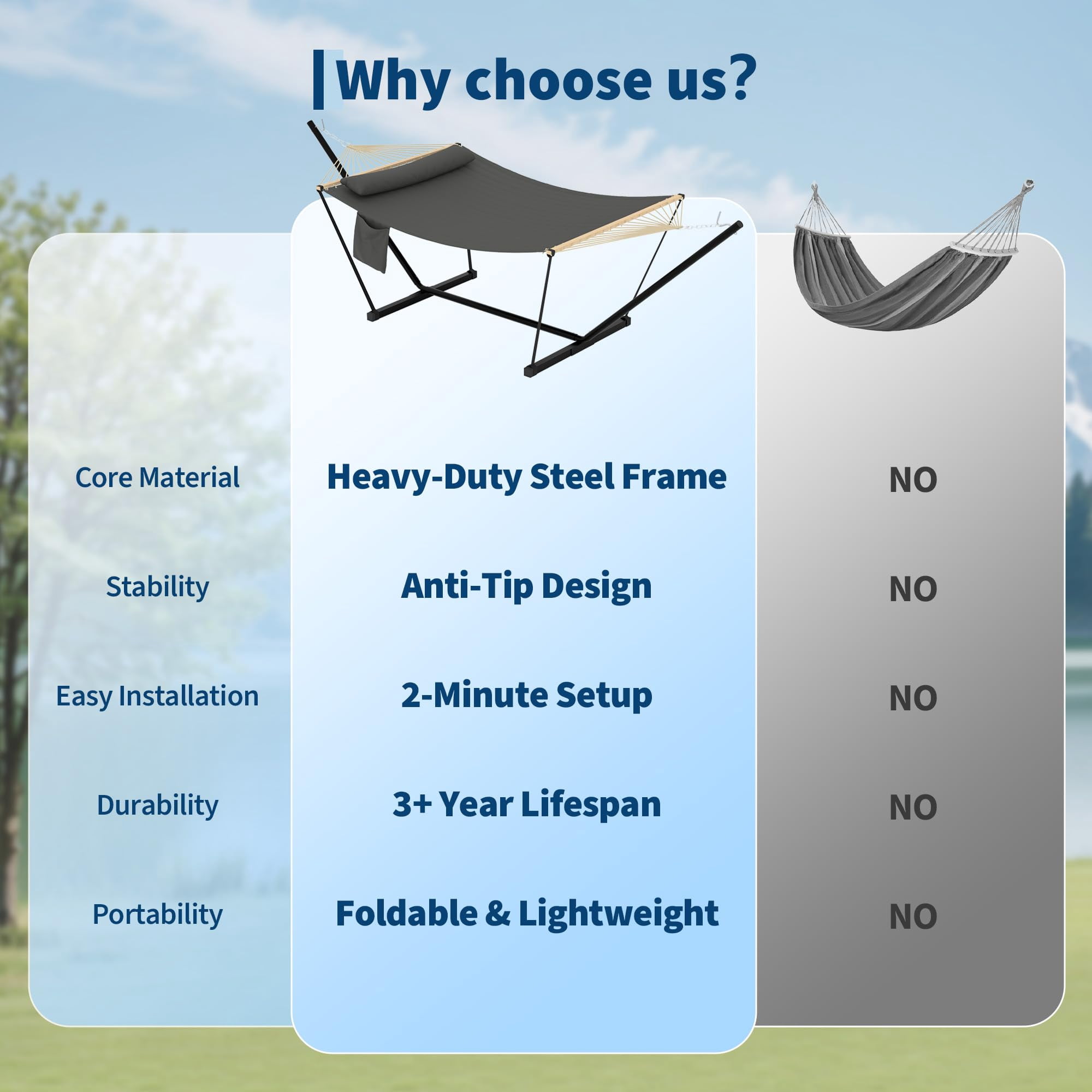 Double Hammock with Stand for Outdoor, Heavy Duty Portable 2 Person Hammock with Adjustable Steel Stand for Patio, Garden, Beach, Backyard