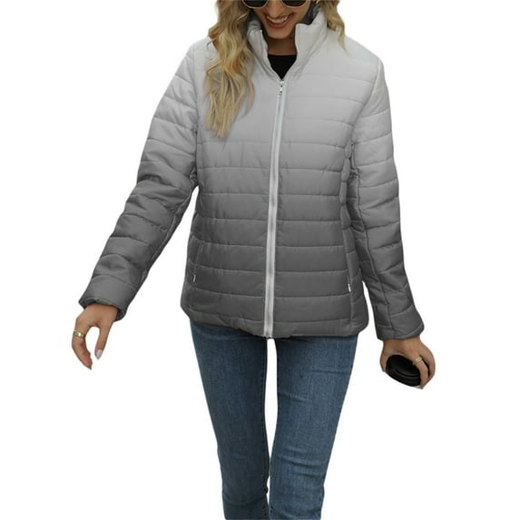 hirigin Women Gradient Color Packable Crop Down Jacket Winter Warm Lightweight Long Sleeve Zip Up Quilted Puffer Jacket Coat (Gradient White , S )