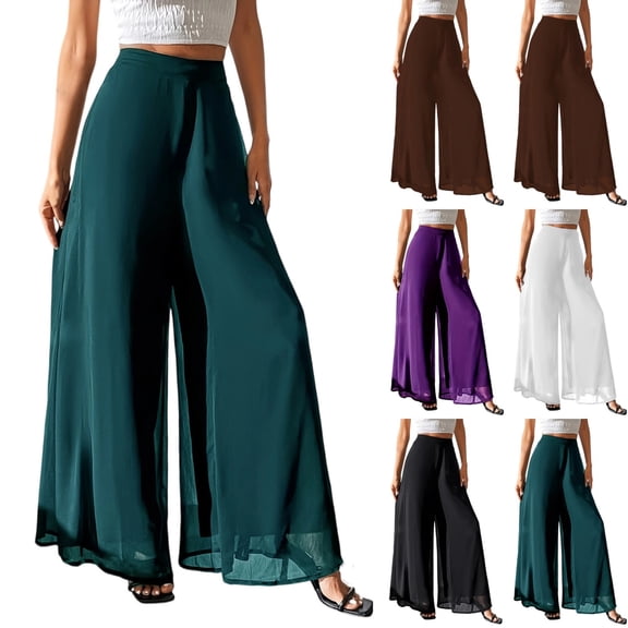 High Waist Elastic Waist Wide Leg Chiffon Pants for Women Sheer Hem Lightweight Flowy Pants Loose Fit Dressy Casual Party Vacation Bottoms , #02 Green, XXL
