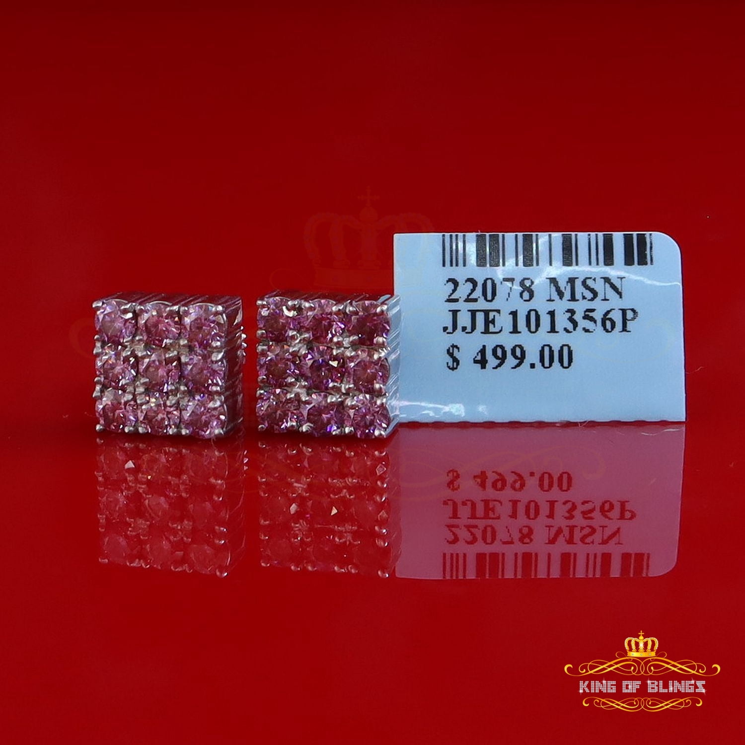 King of Bling's 925 Silver White 2.25ct VVS D Pink Moissanite Men's/Women's Square Stud Earrings