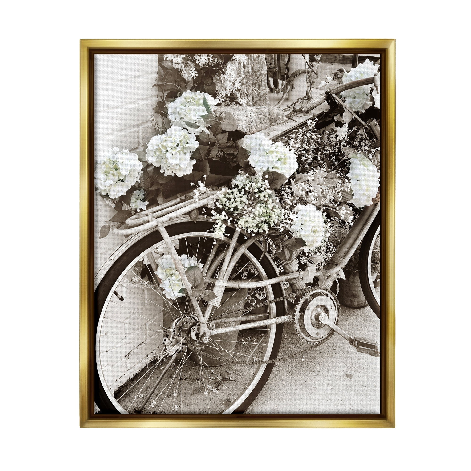 Stupell Industries Flower Blossom Covered Bicycle Vintage Neighborhood Photography Photograph Metallic Gold Floating Framed Canvas Print Wall Art, Design by Acosta
