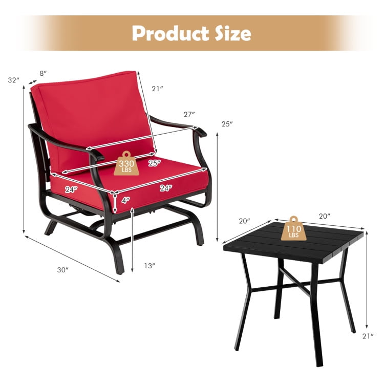 Aimee Lii 3 Pieces Outdoor Patio Rocking Chair Set with Coffee Table, Patio Conversation Sets, Red
