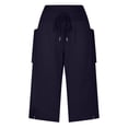 thumbnail image 6 of iHPH7 Women's Casual Pedal Pushers Cropped Pants High Waisted Drawstring Elastic Waist Cargo Pockets Side Slit Detail Lightweight Comfy Summer Lounge Vacation Daily Wear Pedal Pushers Navy M, 6 of 8