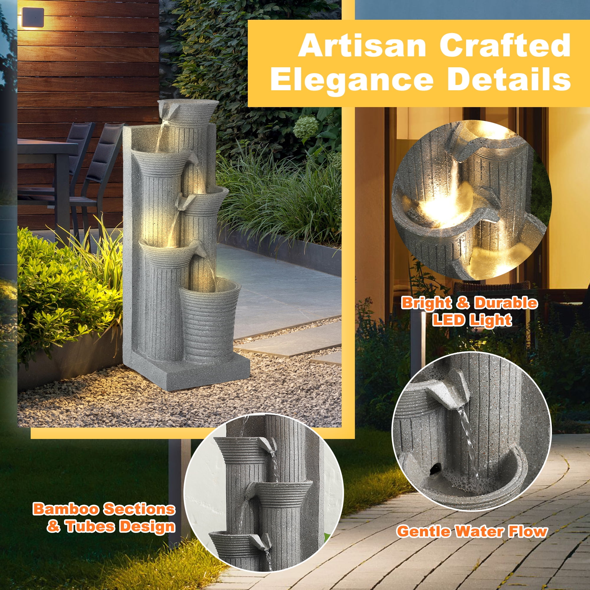 Magic Union Outdoor Water Fountain, 5 Tiers Cascading Waterfall Indoor Water Feature Garden Decor with LED Lights, Fountains Outside Patio Resin for Yard, Deck, Porch and Home, Bamboo Elements