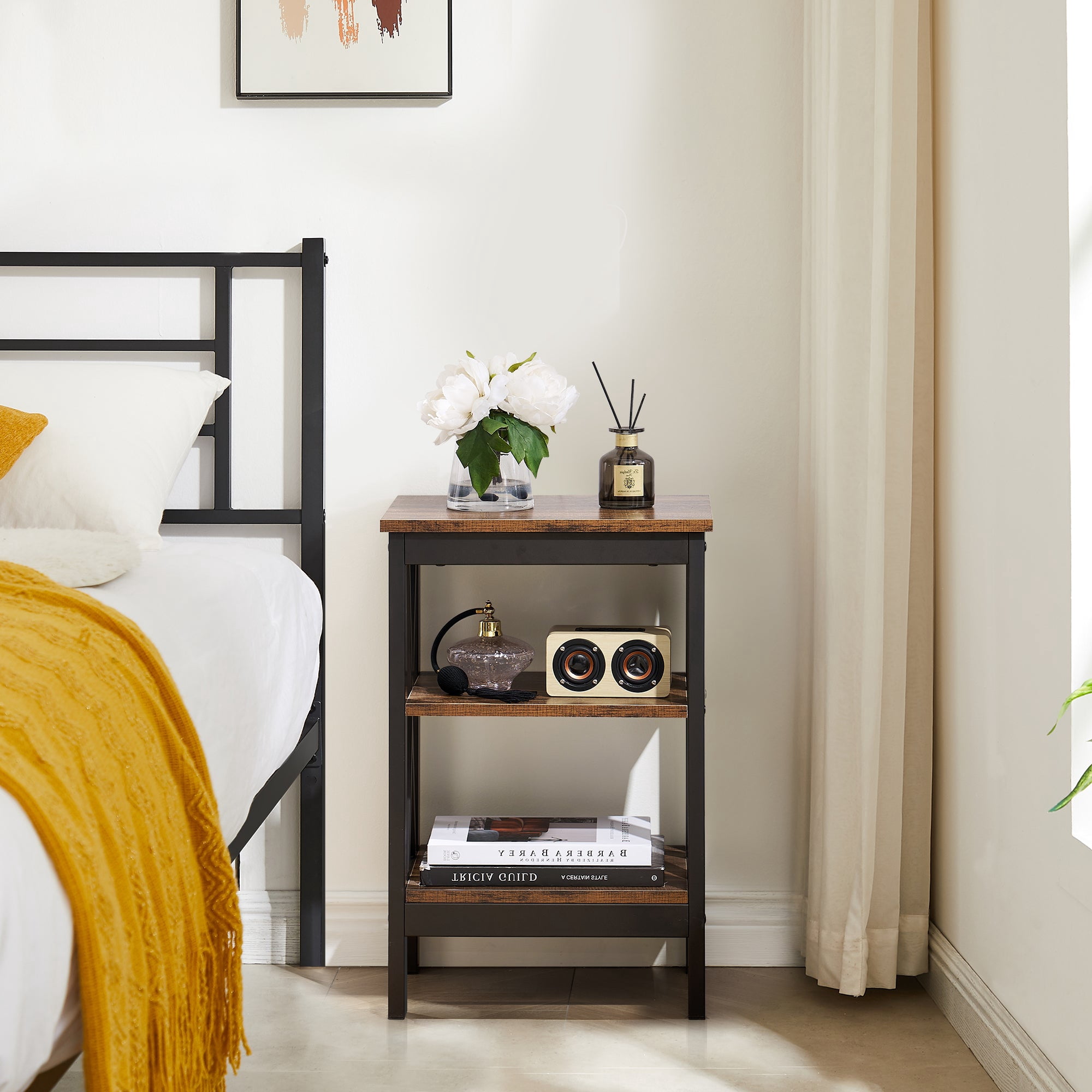 VECELO Set of 2 Nightstand with 3-Tier Shelves, X-Shaped Sofa Side End Table for Bedroom/Living Room/Office, Brown