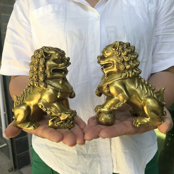 VTG Brass Evil Fu Foo Dog Lion Statue Pair Signed, Old Antiques Chinese Bronze Fu Foo Dog Guardian Lion Statues, Marked FengShui wealth