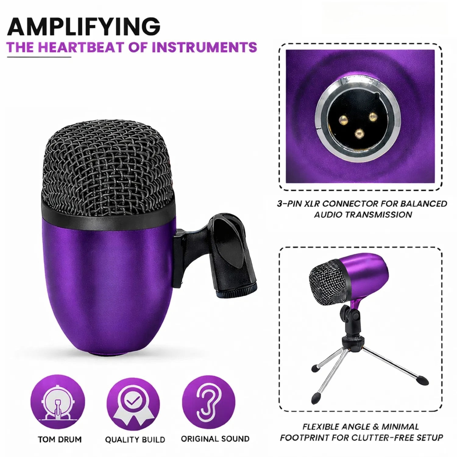 Bass Microphone, Portable Microphone, Clip-on Microphone, with Desktop Stand and XLR Interface, Suitable for Recording Studios and Concerts