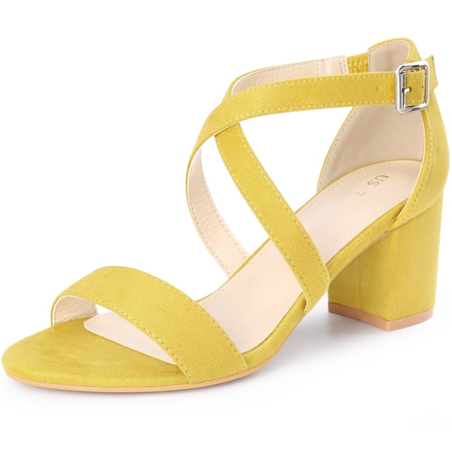 BLISSFUL STEP Women's Solid Color Open Toe Cross Strap Mid Chunky Heel Sandals