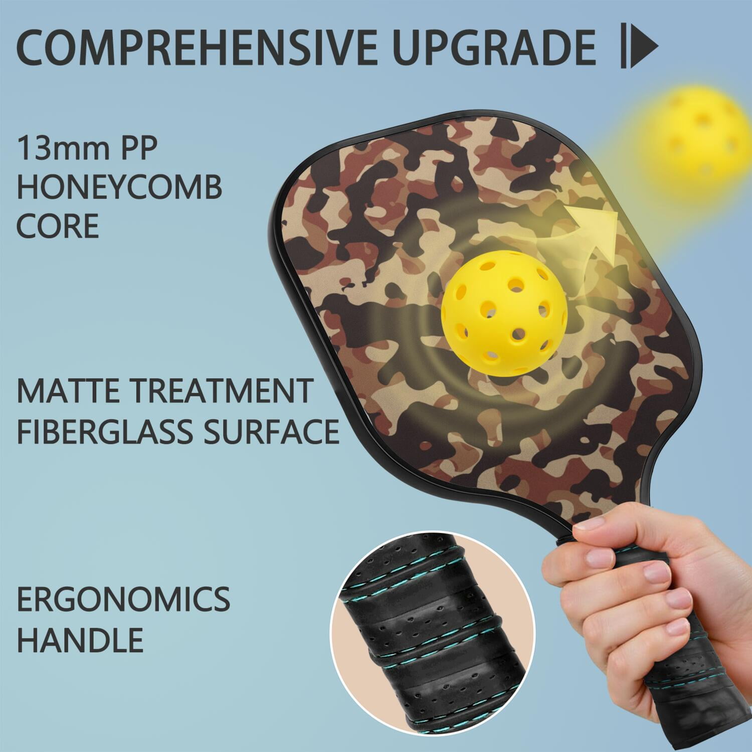 Pickleball Paddles Set Of 1, Fiberglass Surface, Camouflage Print, 1 Paddle, 2 Balls & Bag