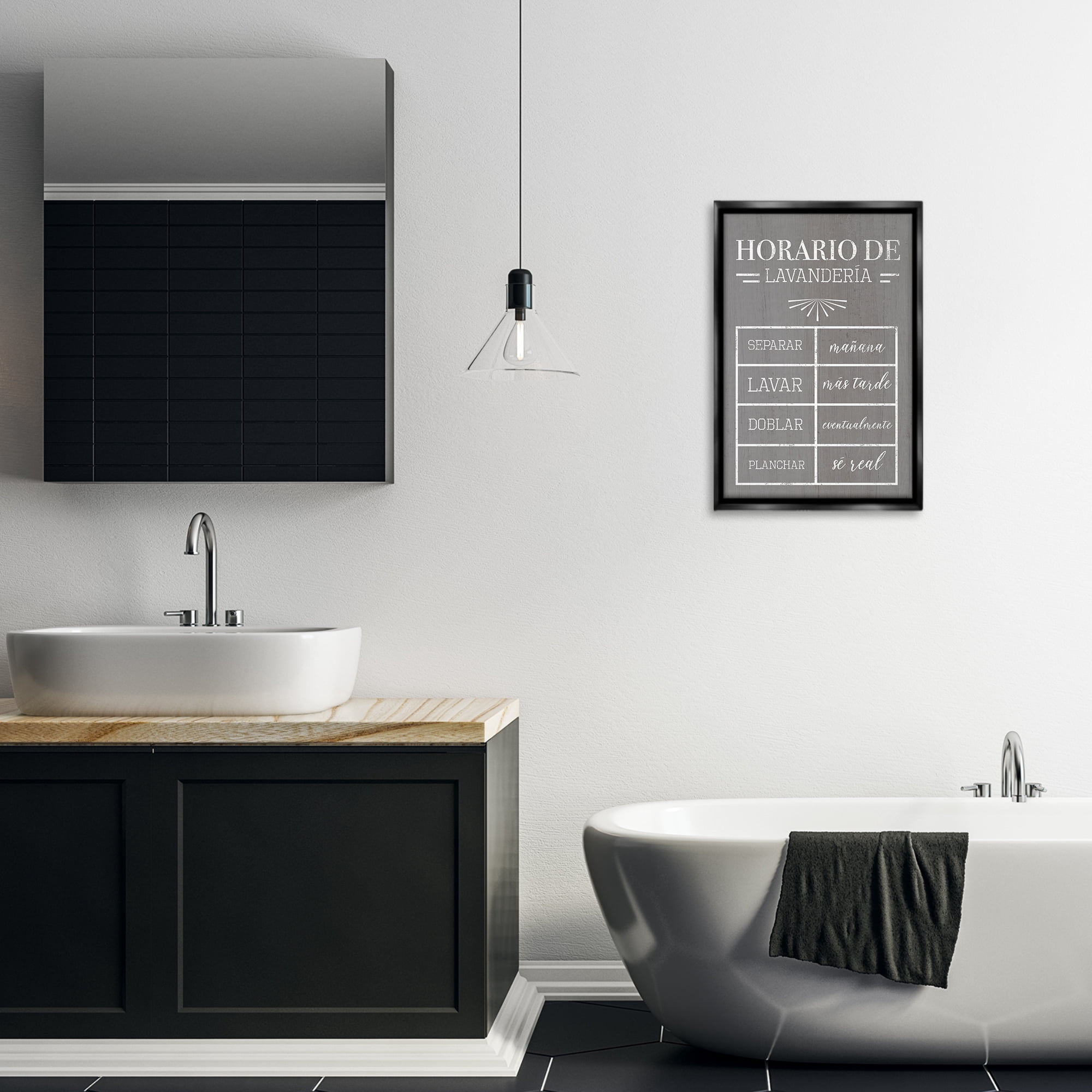 Stupell Industries Horario de Lavandería Bath & Laundry Painting Black Floater Framed Art Print Wall Art, 17 x 25