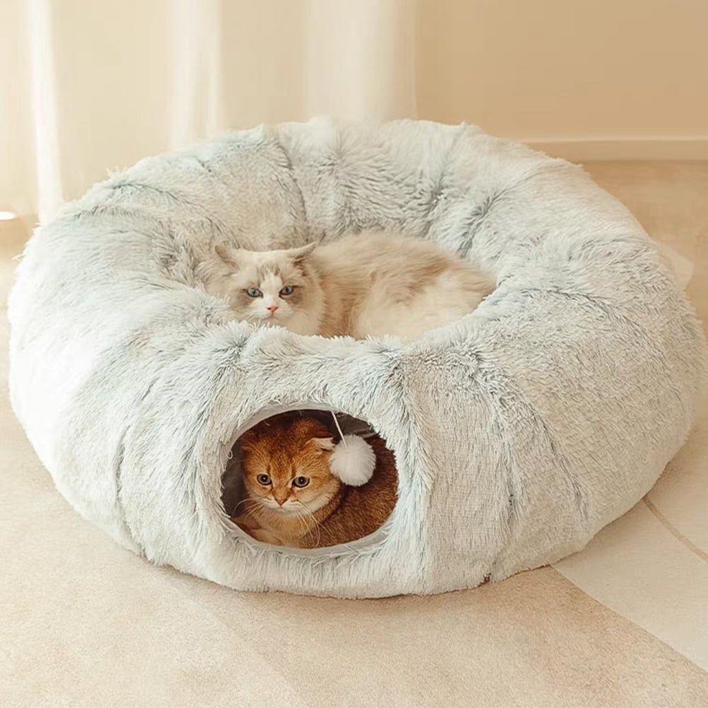 Warm Fluffy Plush Cat Dog Tunnel Bed with Washable Cushion-Big Tube Playground Toys Longer Crinkle Collapsible 3 Way, for Indoor Cat Kitten Puppy Rabbit Grey