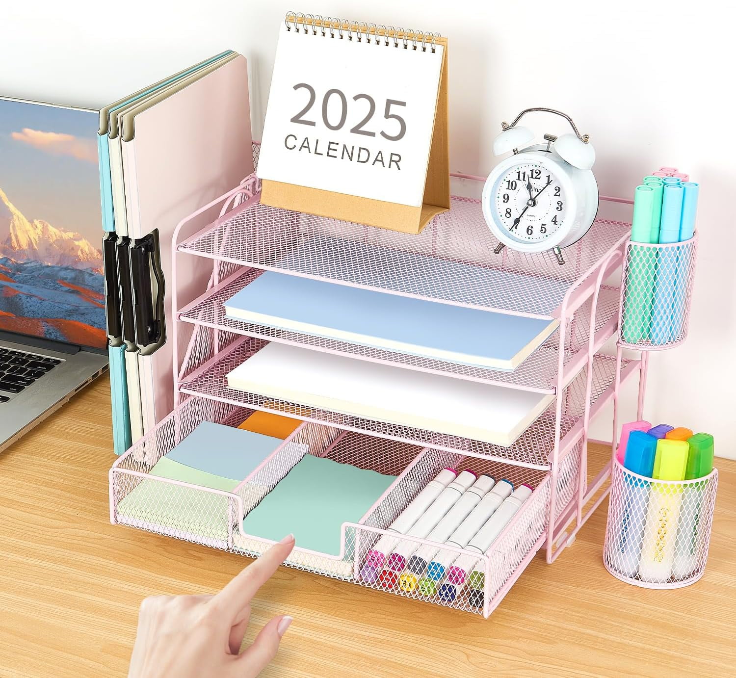 Desk Organizers and Accessories with File Holder, 4-Tier Desk Accessories & Workspace Organizers with Drawer and 2 Pen Holder, Paper Organizer for Office Supplies (Pink)