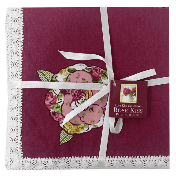 4 Pack 18 in x 18 in Rose Kiss Napkins, Cloth Napkins with Colorful Rose Print, Embroidered Doily Edge, Reusable Cotton Blend Fabric, Perfect for Elegant Dining, Table Settings, Burgundy