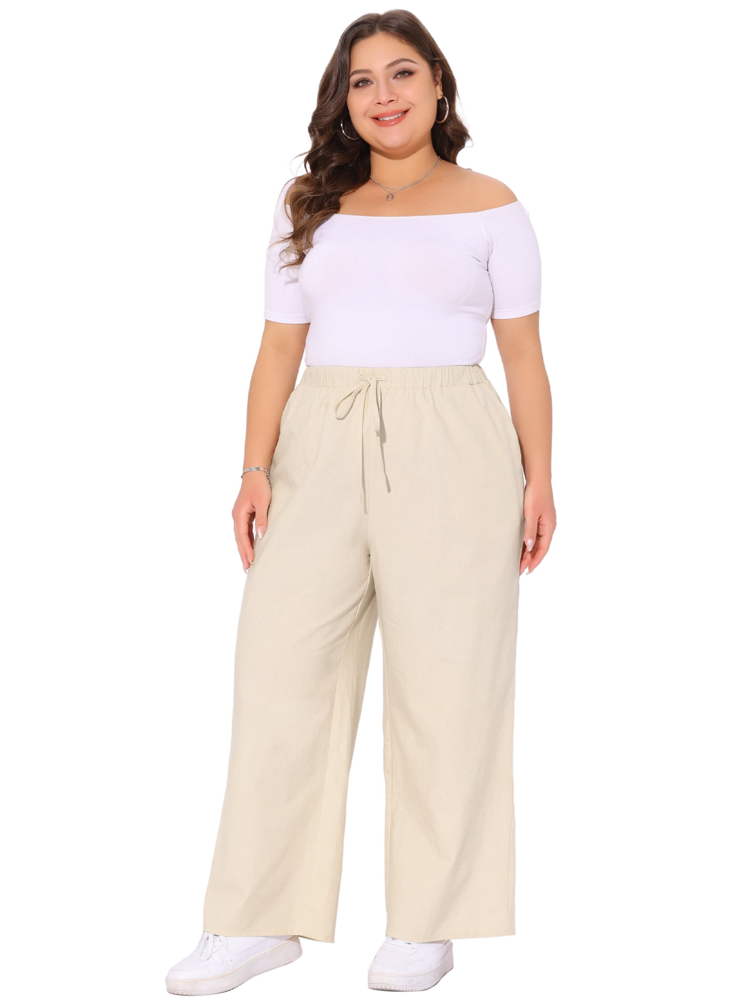 DARING DIVA Women's Plus Cotton Linen Summer Palazzo Pants with Pockets 2X Apricot