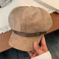 thumbnail image 3 of NMMUED Women's Faux Suede Newsboy Cap Vintage Baker Boy Hat with Buckle Strap Cabbie Cap Fall Winter Khaki One Size, 3 of 3
