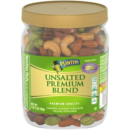 Planters Unsalted Premium Blend Nut Mix with Cashews, Almonds, Hazelnuts, Pecans and Pistachios, Plant Based Protein, 1.69 lb Container