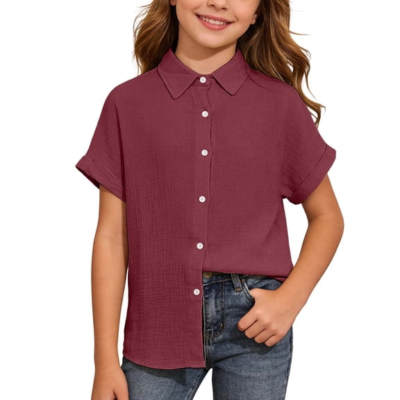 Hienoo Summer Button Down Shirt for Girls Casual Solid Short Sleeve Shirt Top, Sizes 5-16