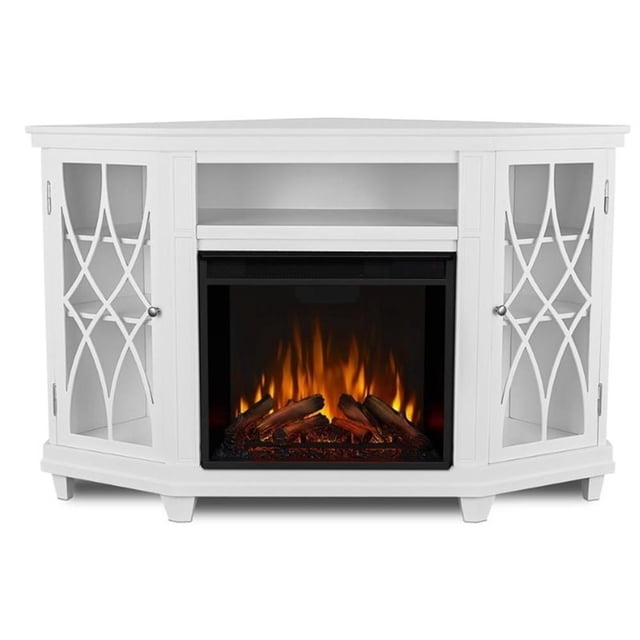 Pemberly Row Solid Wood Corner Electric Fireplace TV Stand in White