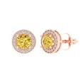 thumbnail image 2 of 1.18Ct Round Cut Halo Studs Yellow Crystal 14K Rose Solid Gold Everyday Dainty Earrings Screw Back, 2 of 7