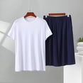 thumbnail image 2 of PIWHJQK 2 Pieces Men Pajama Set Elastic Waist Sleepwear Men's Solid Crew Neck Tee Elastic Pocket Shorts 2 Piece Pajama Men Sleepwear, 2 of 6